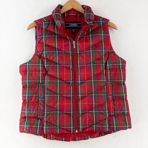 Lands End Women's Down Feather Puffer Vest Red Plaid Womens MP - Picture 1 of 8